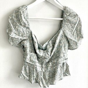 Sage green floral puffy sleeve cropped blouse by Astr